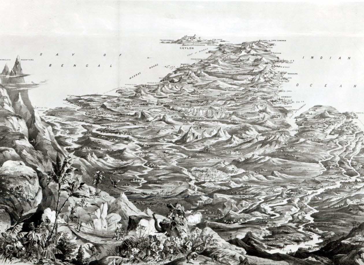 Panoramatický pohled na Indii z pohoří Himaláje, navržený T. Packerem, 1857 od English School