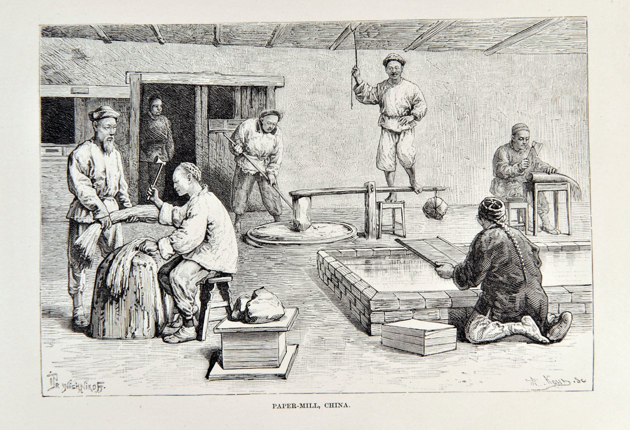 Mlýn na papír, Čína, ilustrace z knihy The Universal Geography, the Earth and its inhabitants od Elisee Reclus, vydáno 1878. od English School