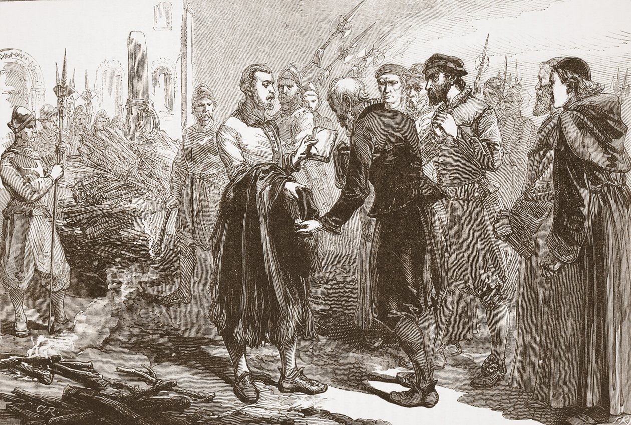 Rozloučení Patricka Hamiltona s jeho přáteli na hranici, ilustrace z Historie protestantismu od Jamese Aitkena Wylie (1808-1890), hospoda. 1878 od English School