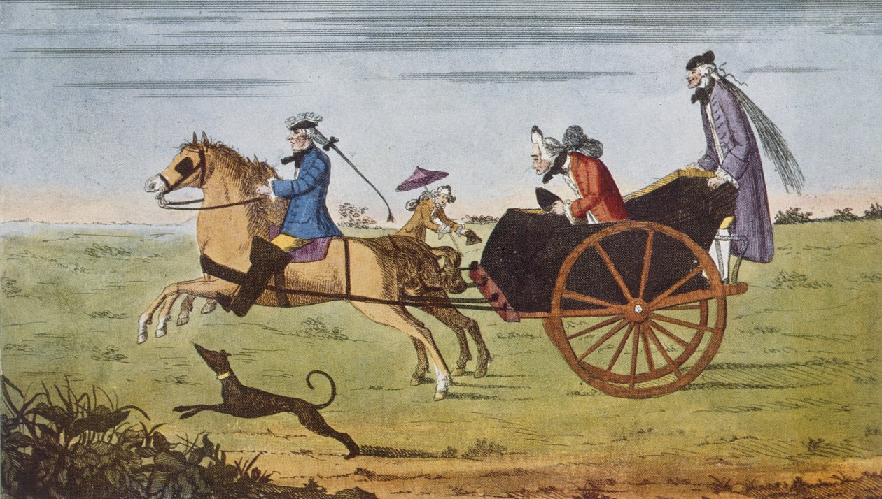 Cestující v koňském povozu „Dálnice a její vozidla...“ od Hilaire Belloc od English School
