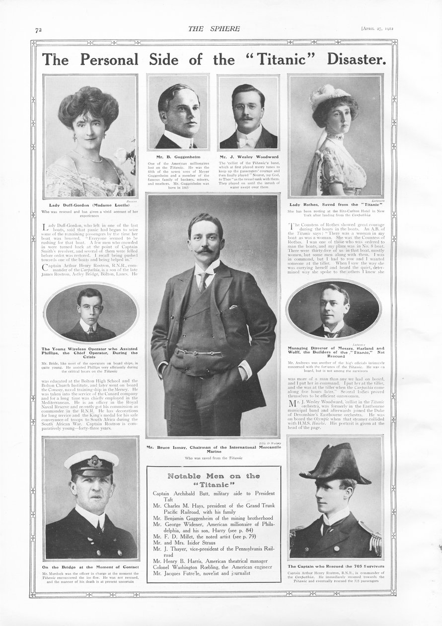 Cestující na RMS Titanic, fotografie a informace o pozoruhodných lidech spojených s Titanicem, z The Sphere, 27. dubna 1912 od English School