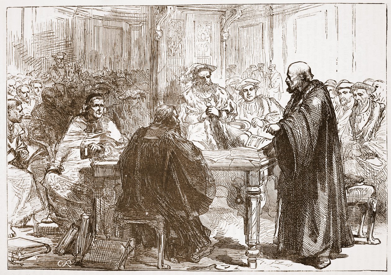 Pastor Olaf na konferenci v Upsale, ilustrace z Historie protestantismu od Jamese Aitkena Wylie (1808-1890), hospoda. 1878 od English School