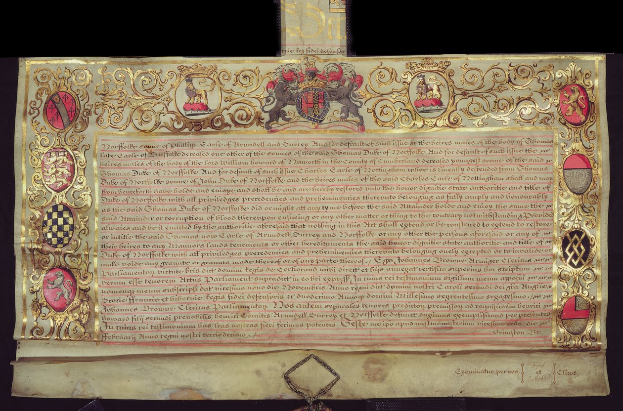 Patent na obnovu vévodství Norfolku, Charles II, 1660 (inkoust a zlatý list na pergamenu) od English School