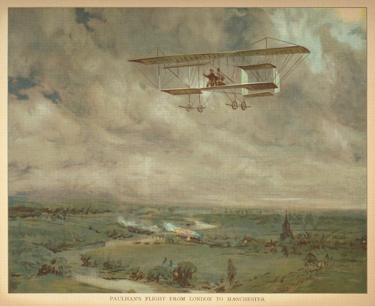 "Paulhansův let z Londýna do Manchesteru." Kniha vzducholodí malých lidí. Londýn: Ernest Nister, [1912] od English School
