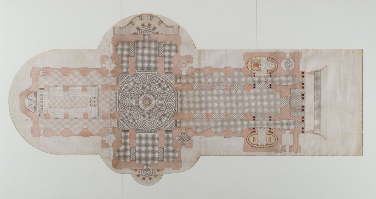 Dlažební plán katedrály St. Pauls, jak byl proveden, kolem roku 1710 (pero a inkoust na papíře) od English School