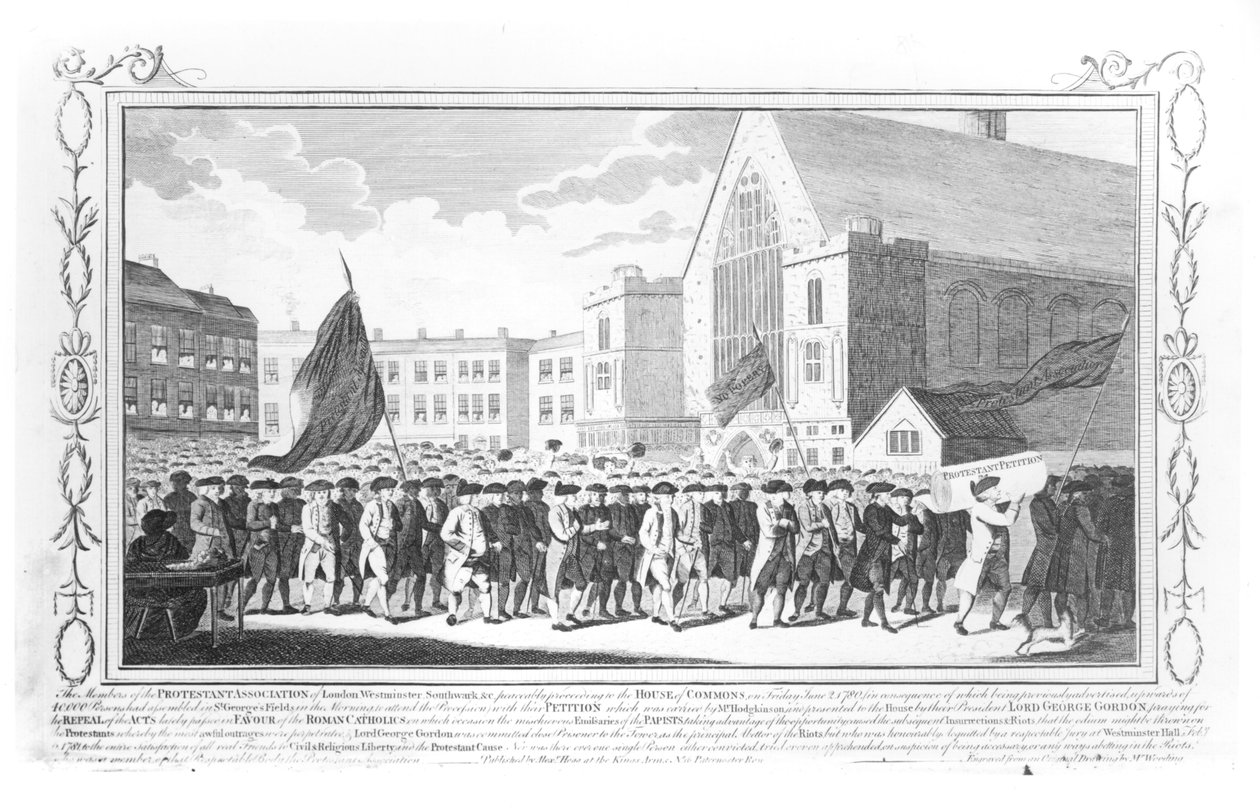 Pokojný průvod členů protestantského spolku do sněmovny v pátek 2. června 1780 od English School