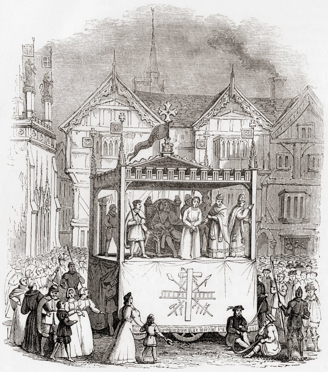 Představení pašijové hry z 15. století - Proces a ukřižování Krista - v podání Smithovy společnosti z Coventry ze staré Anglie: A Pictorial Museum, pub. 1847 od English School