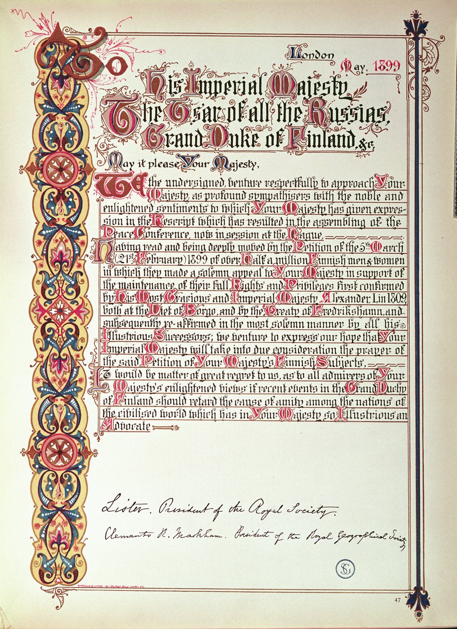 Petice ruskému carovi Mikuláši II. proti rusifikaci Finska, 1899 (iluminovaný papír) od English School