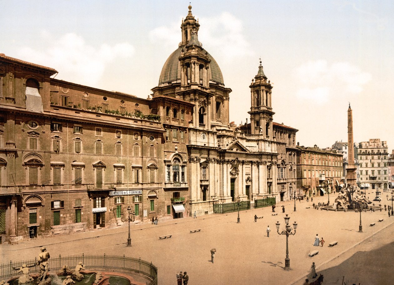 Piazza Navona, Řím (ručně kolorovaná fotografie) od English School