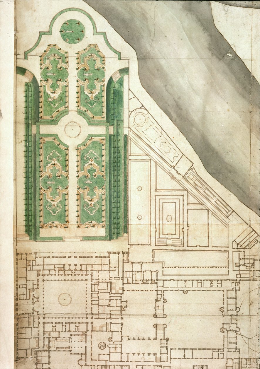 Plán Hampton Court a jeho zahrad, cca 1714 (pero, inkoust a wc na papíře) od English School