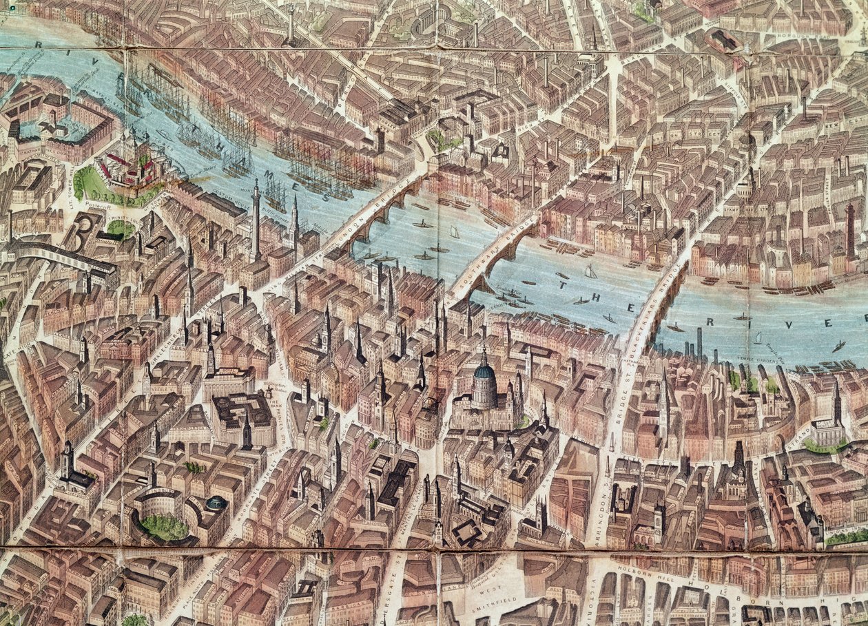 Plán Londýna s výhledem na Southwark (ručně kolorovaná rytina) od English School