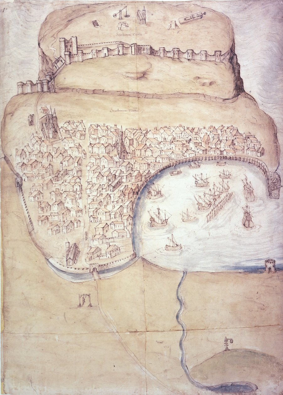 Plán Scarborough a jeho obrany, kolem roku 1540 (barevné lito) od English School
