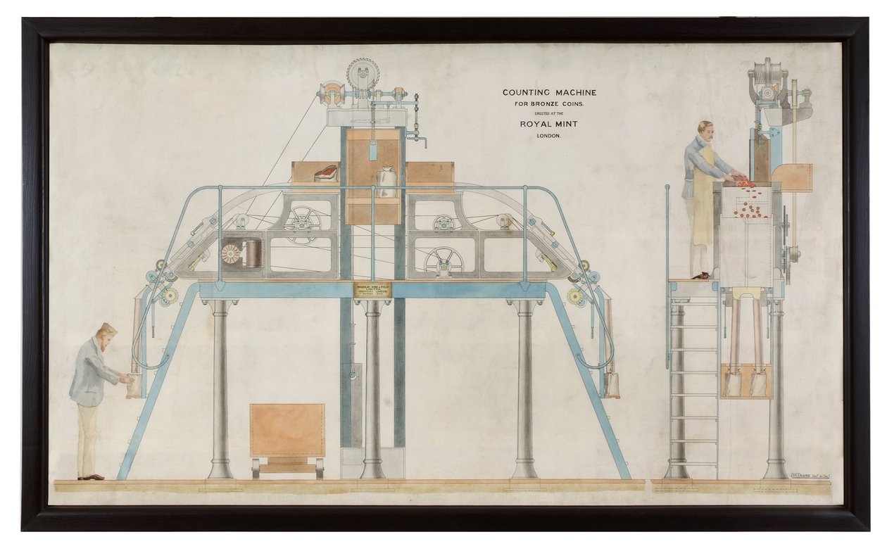 Plán automatického počítacího stroje, cca 1895 (ručně kolorovaná rytina) od English School