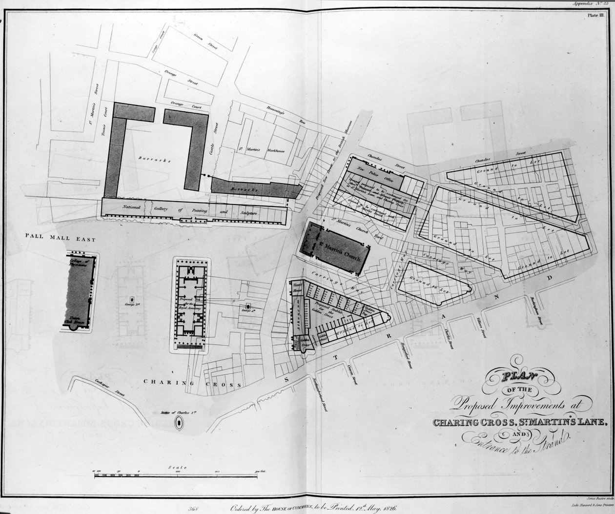 Plán navrhovaných vylepšení v Charing Cross, St. Martins Lane a Entrance to the Strand, vyryl James Basire, 1826 od English School