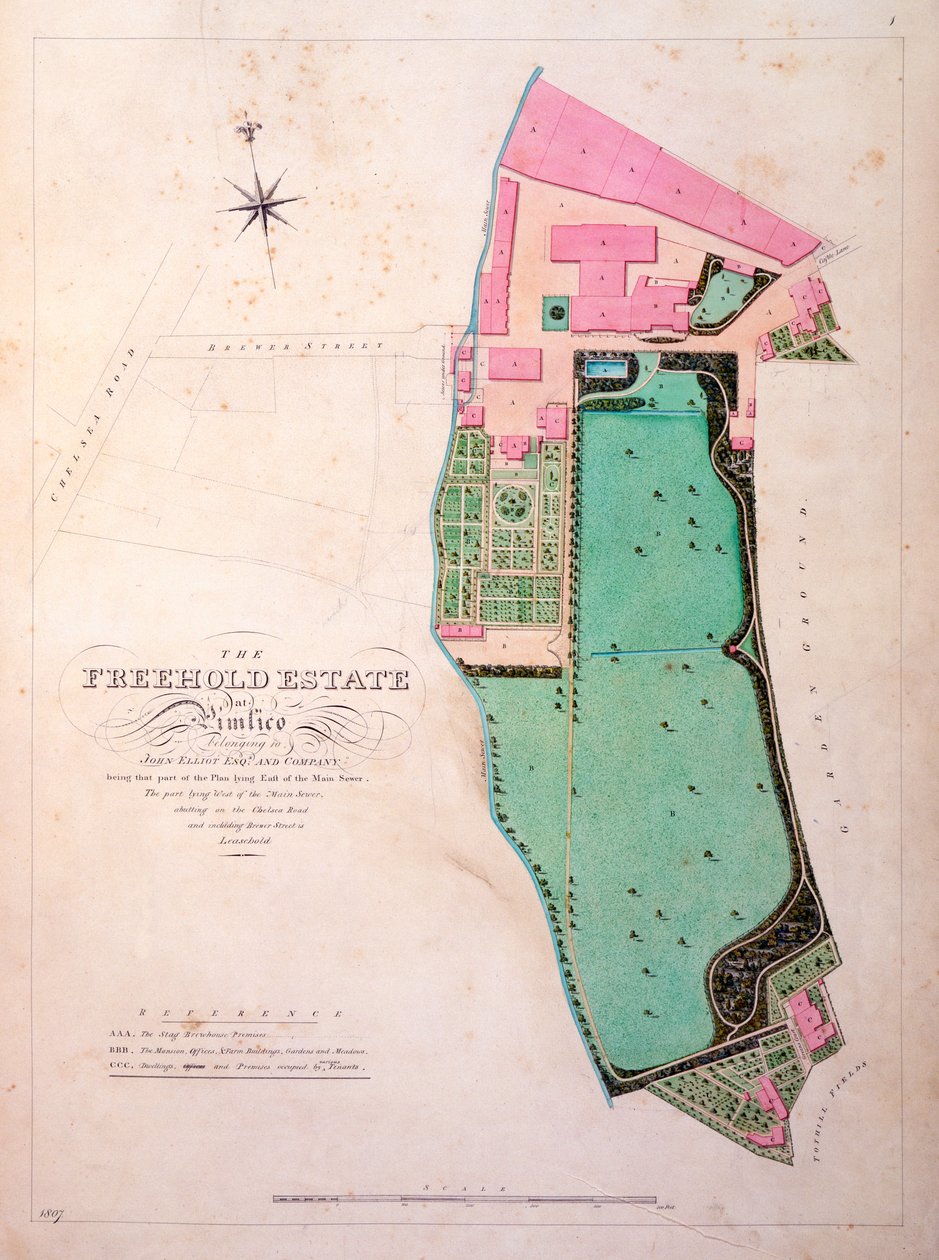 Plán areálu a majetku Stag Brewhouse, původní rukopisná kresba z kanceláře George Saunderse, kolem roku 1807 (tužka, wc a pero a inkoust na papíře) od English School