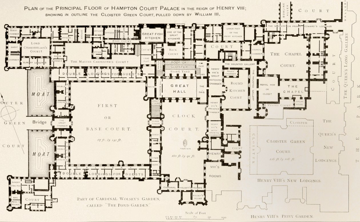 Plán hlavního patra paláce Hampton Court, jak tomu bylo za vlády krále Jindřicha VIII., z Historie paláce Hampton Court v Tudor Times od Ernesta Lawa, vydáno v Londýně 1885 od English School