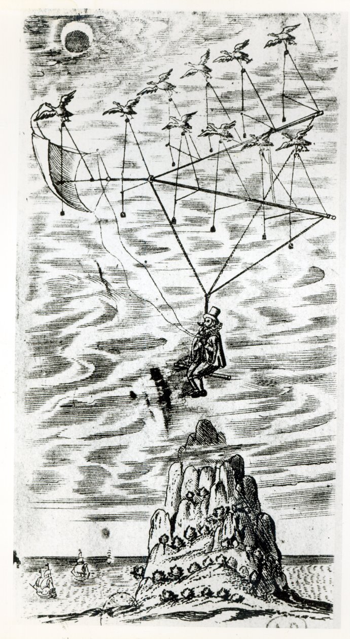 Letadlo, ilustrace z frontispisu Muže na měsíci nebo pojednání o plavbě tam od Dominga Gonsalese, rychlého posla Francise Godwina (1562-1633), vydané posmrtně v r. od English School