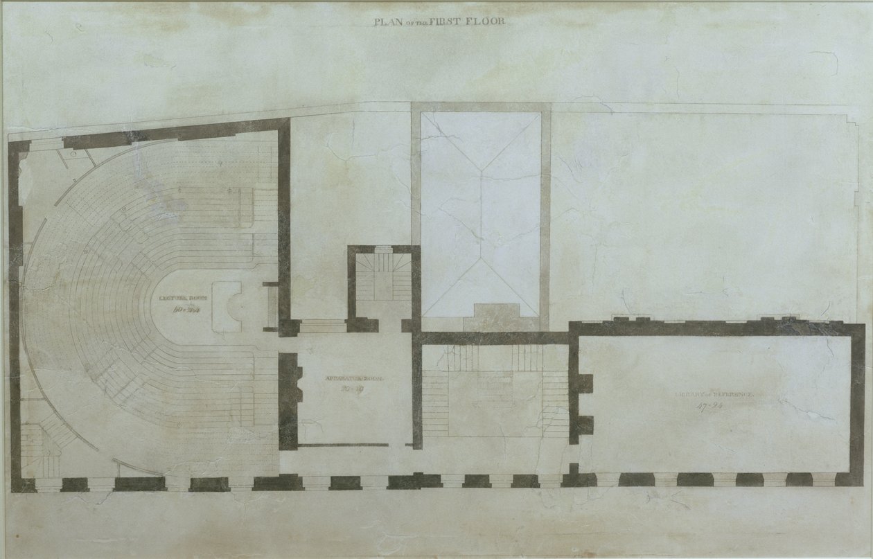 Plány prvního patra Albemarle Street 21 po prvních úpravách domu po jeho převzetí Královskou institucí, cca 1800 (tužka a čb na papíře) od English School