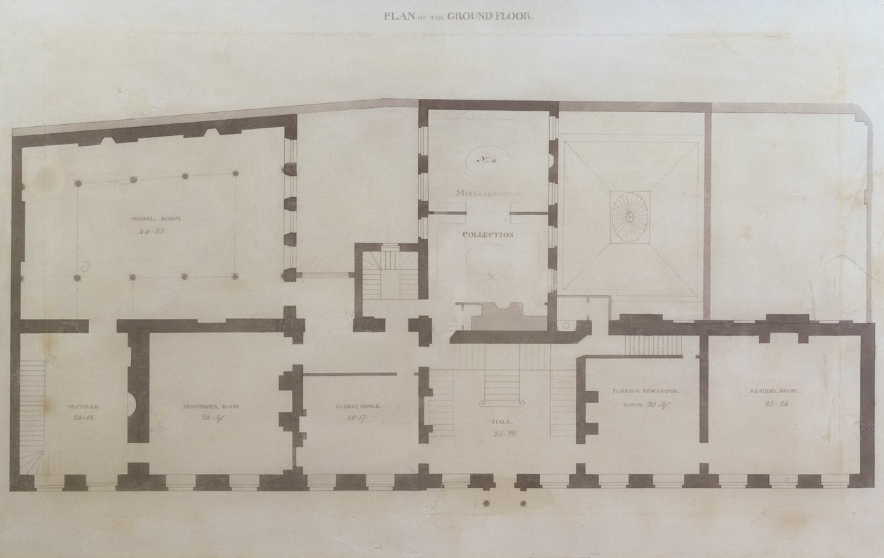 Plány přízemí Albemarle Street 21 po prvních úpravách domu po jeho převzetí Královskou institucí, cca 1800 (tužka a čb na papíře) od English School