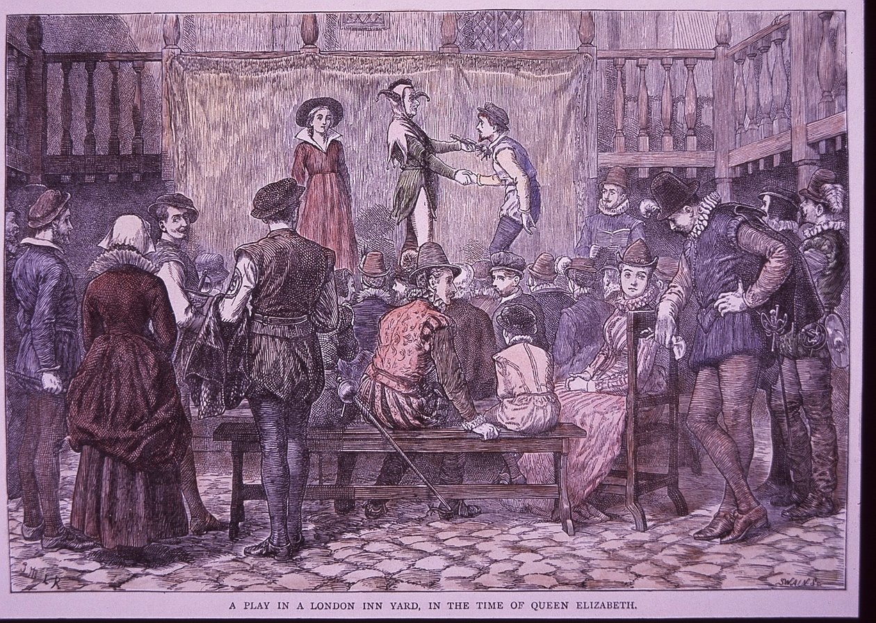 Hra předváděná v London Inn Yard (barevná rytina) od English School