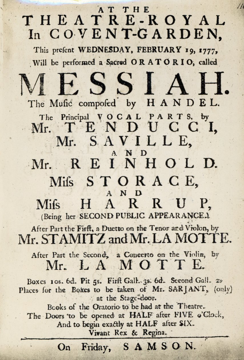 Playbill inzerující představení Händelova oratoria, „Mesiáš“ v roce 1777 (tištěný papír) od English School