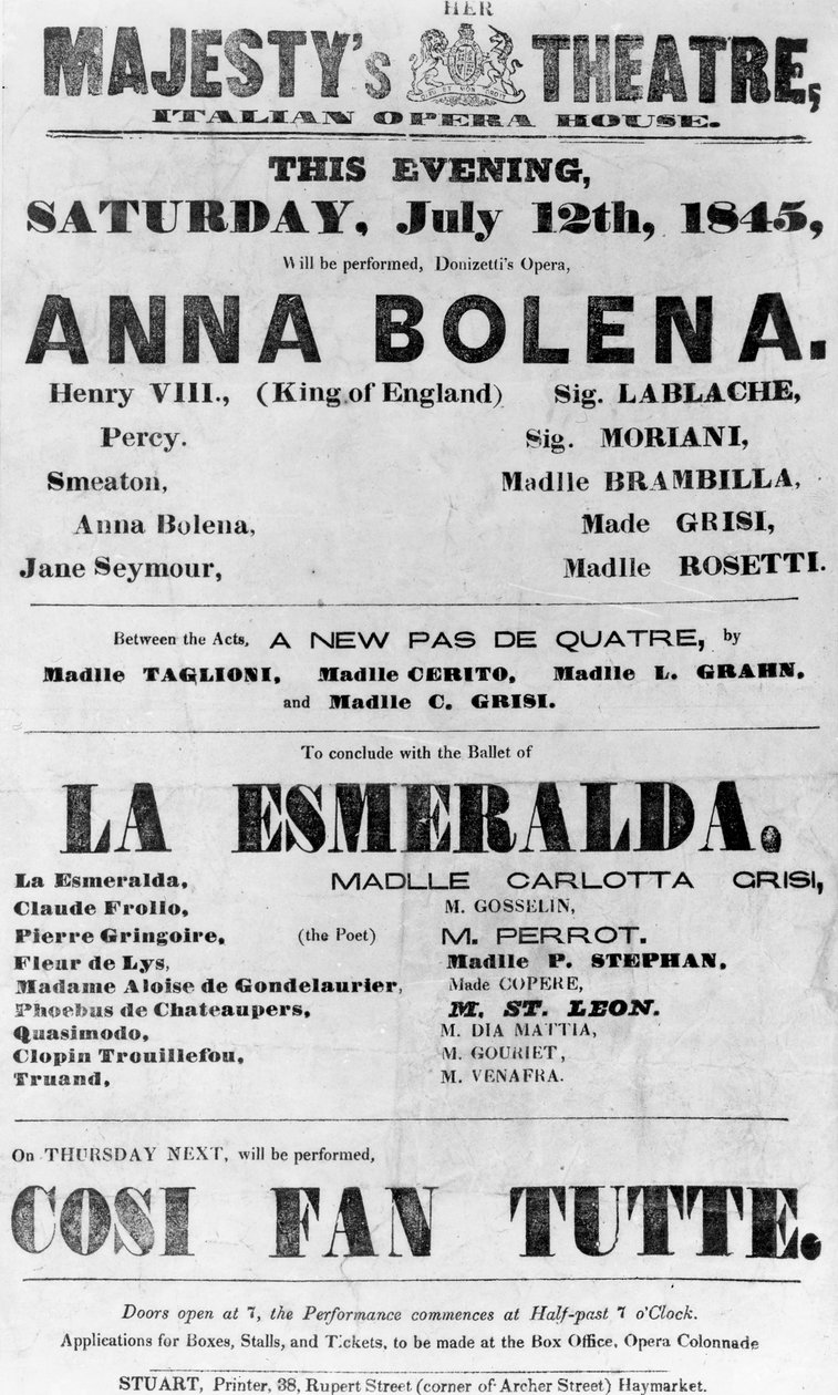 Playbill pro divadlo Jejího Veličenstva, Italská opera, 1845 (tištěný papír) od English School