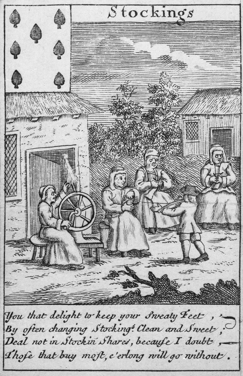 Hrací karta zobrazující dělníky vyrábějící punčochy (tisk) (detail 392627) od English School