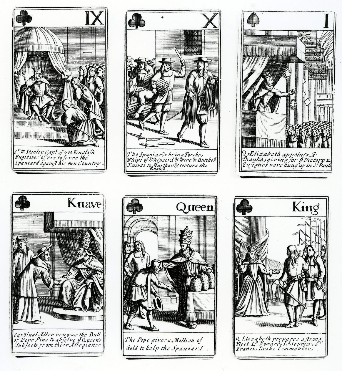 Hrací karty zobrazující události ze španělské armády, 1699 od English School