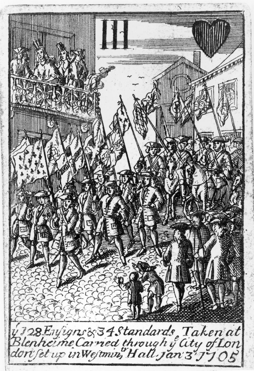 Hrací karta zobrazující praporčíky a standardy přijaté v Blenheimu, přenášené přes City of London, 3. ledna 1705 od English School