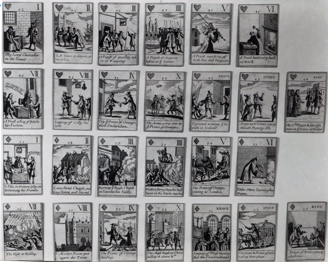 Hrací karty zobrazující epizody ze slavné revoluce z let 1688-89, kolem roku 1689 od English School