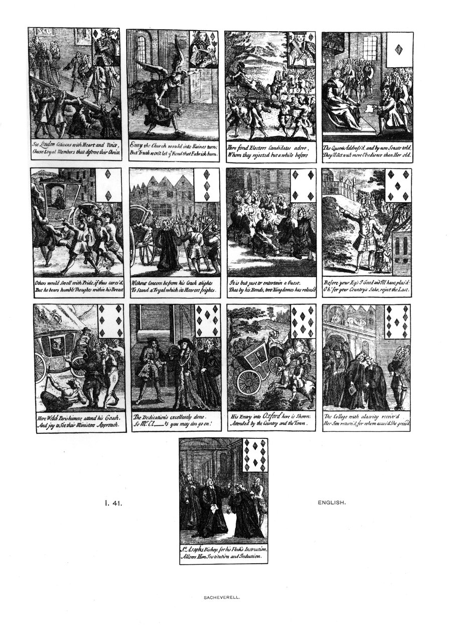 Hrací karty zobrazující obžalobu Henryho Sacheverella (asi 1674-1724) v roce 1710, diamantová barva od English School
