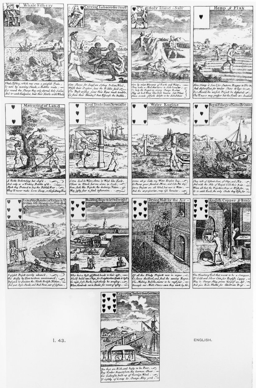 Hrací karty satirizující bublinové podniky, kolem roku 1720 od English School