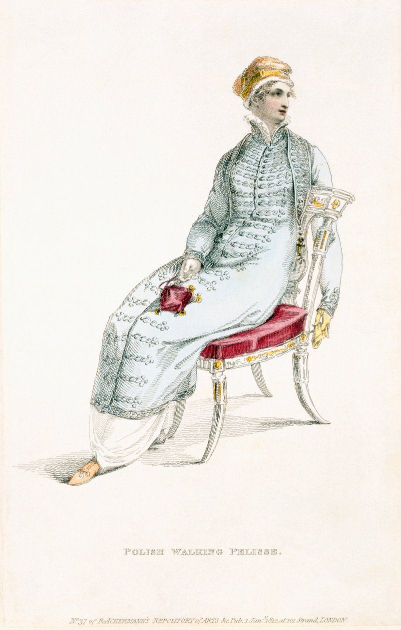 Polská vycházková pelisse, módní talíř z Ackermanns Repository of Arts od English School
