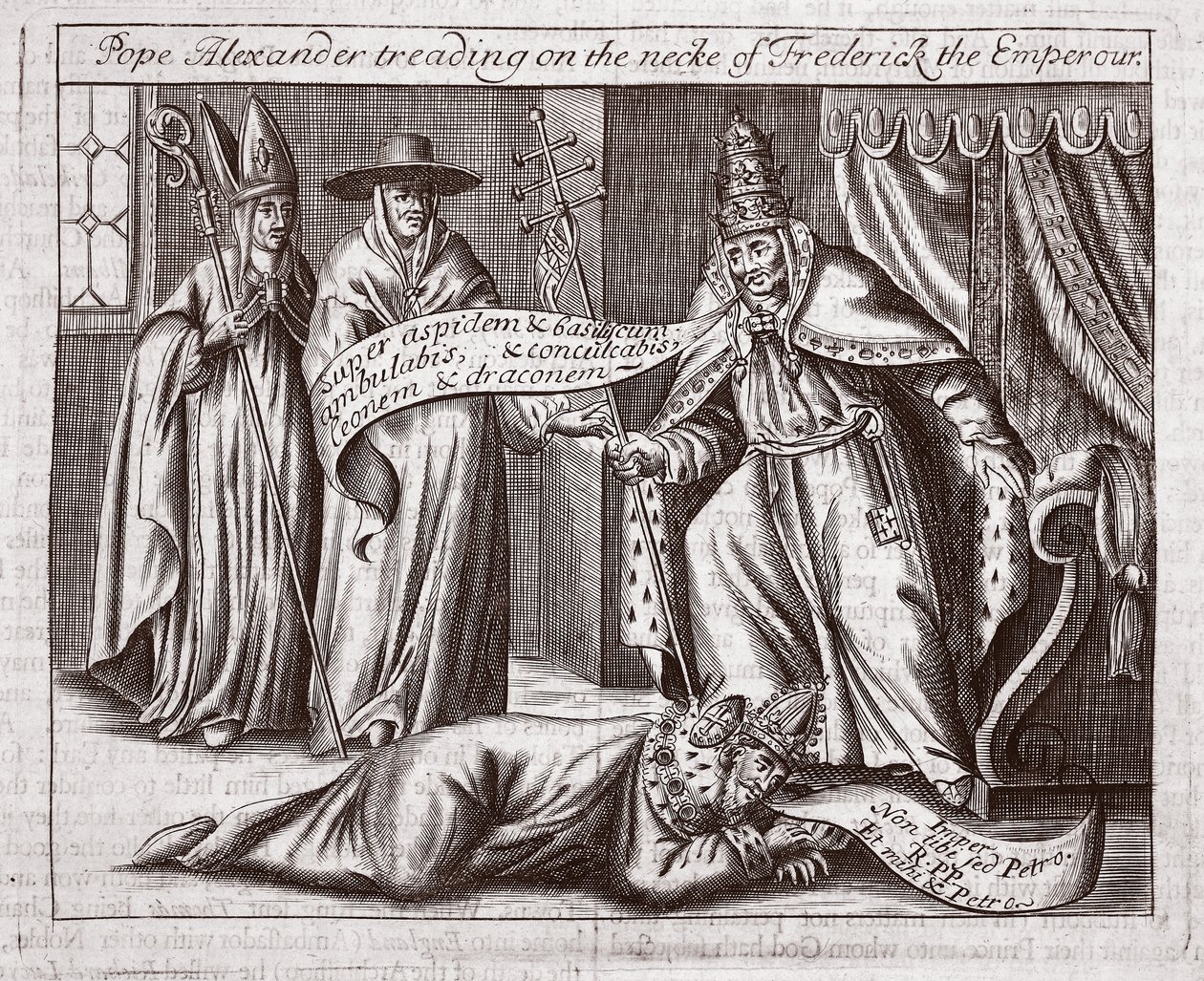 Papež Alexander šlape po krku císaře Fridricha, ilustrace ze Skutků a pomníků od Johna Foxe, deváté vydání, hospoda. 1684 od English School