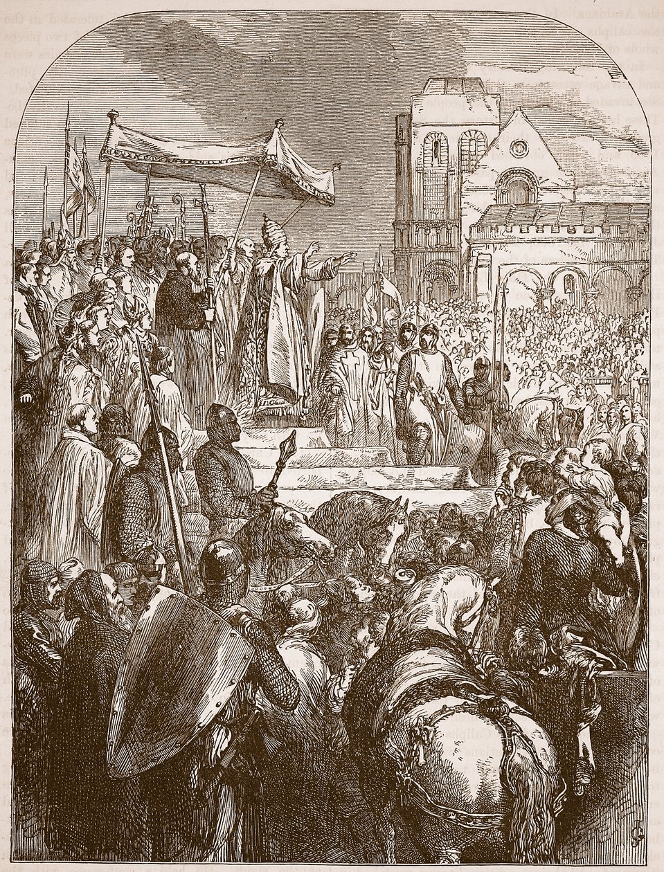 Papež Urban II. káže na trhu v Clermontu o první křížové výpravě, 1096, ilustrace z Cassells Illustrated History of England (sépiová fotografie) od English School
