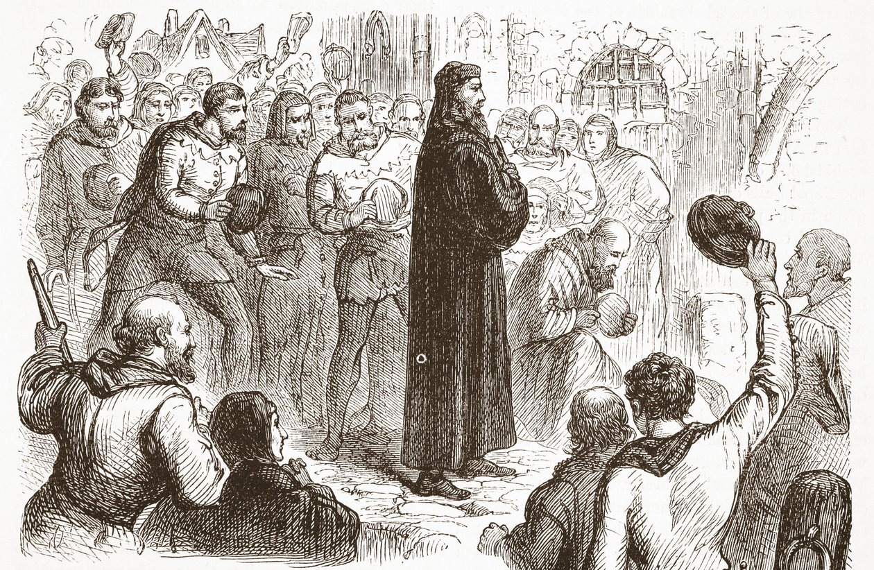 Populární demonstrace v Lambeth Palace ve prospěch Wicliffa, ilustrace z Historie protestantismu od Jamese Aitkena Wylie (1808-1890), hospoda. 1878 od English School