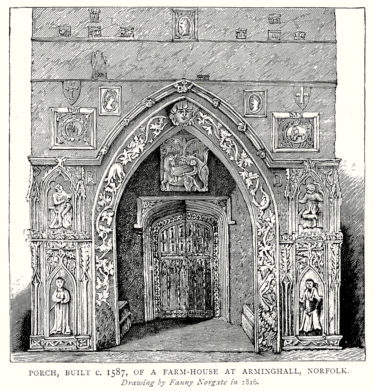 Kruchta, postavená kolem roku 1587, na farmě v Arminghallu, Norfolk (rytina) od English School