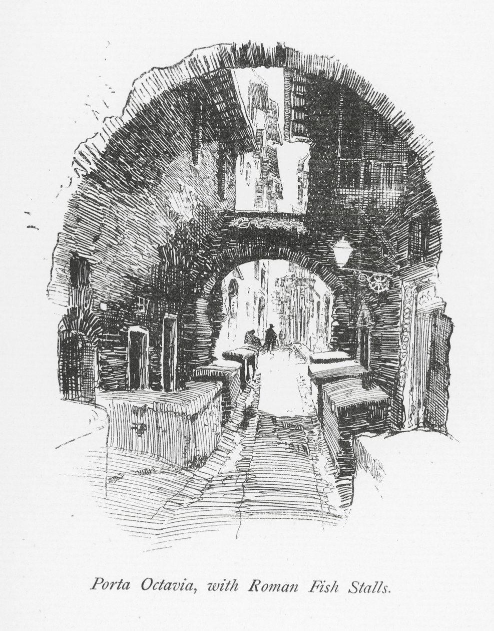 Porta Octavia s římskými rybími stánky (litografie) od English School