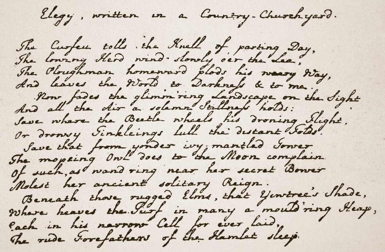 Část Graysových elegií, psaná básníkovým rukopisem, ilustrace z The Church of England: Spence-Jones, vyd. cca 1910 (sépiová fotografie). od English School
