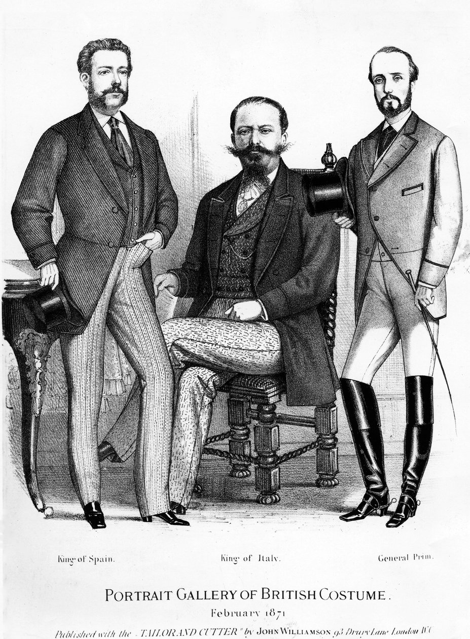 Portrétní galerie britských kostýmů, představující krále Španělska a Itálie a General Prim, vydaná s Tailor and Cutter, 1871 od English School