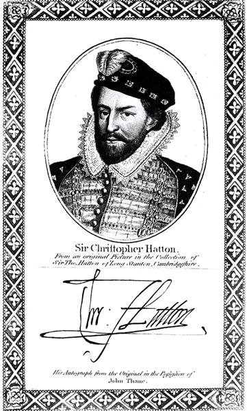 Portrét a podpis sira Christophera Hattona (1540-1591) od English School
