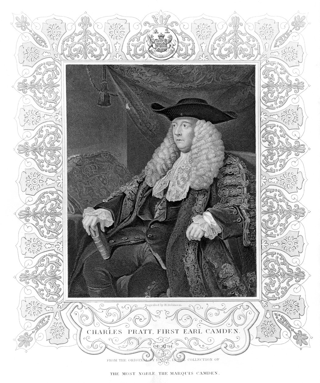 Portrét Charlese Pratta, 1. hraběte Camdena, ryl H. Robinson od English School