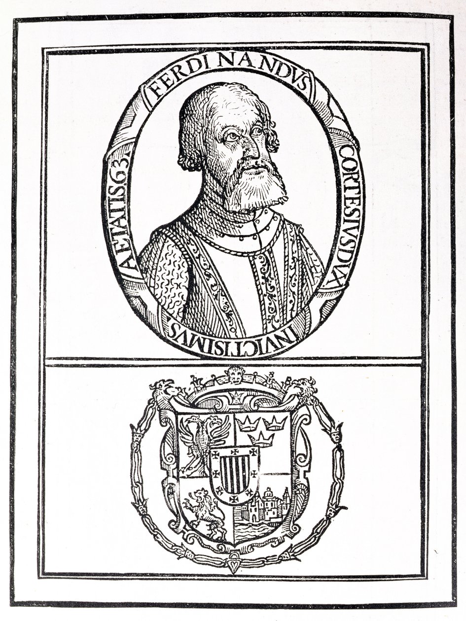 Portrét Hernana Cortese (1485-1547) a jeho paží, z „Příběhu a kritické historie Ameriky“, editoval Justin Winsor, Londýn, 1886 od English School