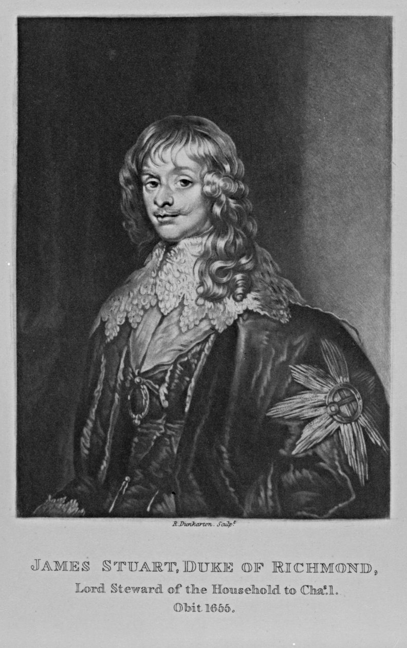 Portrét Jamese, prvního vévody z Richmondu, z knihy „Postavy slavné v britské historii“ od Richarda Earloma a Charlese Turnera od English School