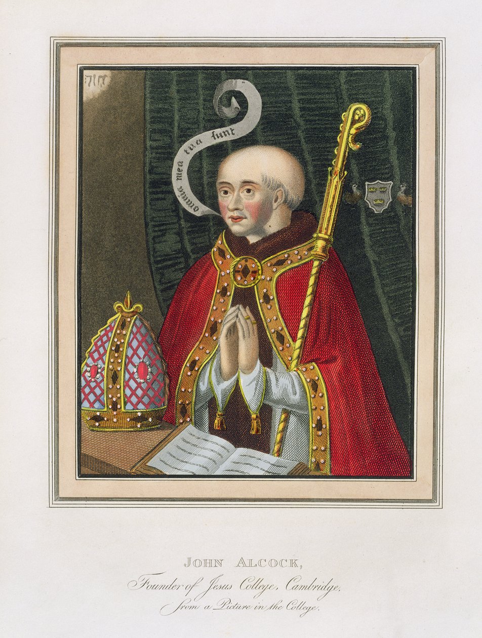 Portrét Johna Alcocka (asi 1430-1500), zakladatele Jesus College, Cambridge, z The History of Cambridge, pub. od R. Ackermanna, 1815 (barevná akvatinta) od English School