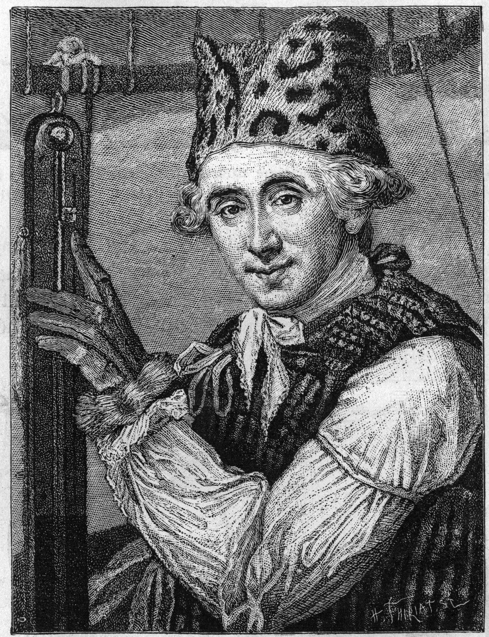 Portrét Johna Jeffriese (1745-1819), amerického fyzika. Byl zastoupen v leteckém obleku, který měl na sobě v roce 1785, když překročil kanál v horkovzdušném balónu. (Z anglické rytiny, vydané v roce 1786). (Sbírka Tissandier). Gravírování do „“ od English School