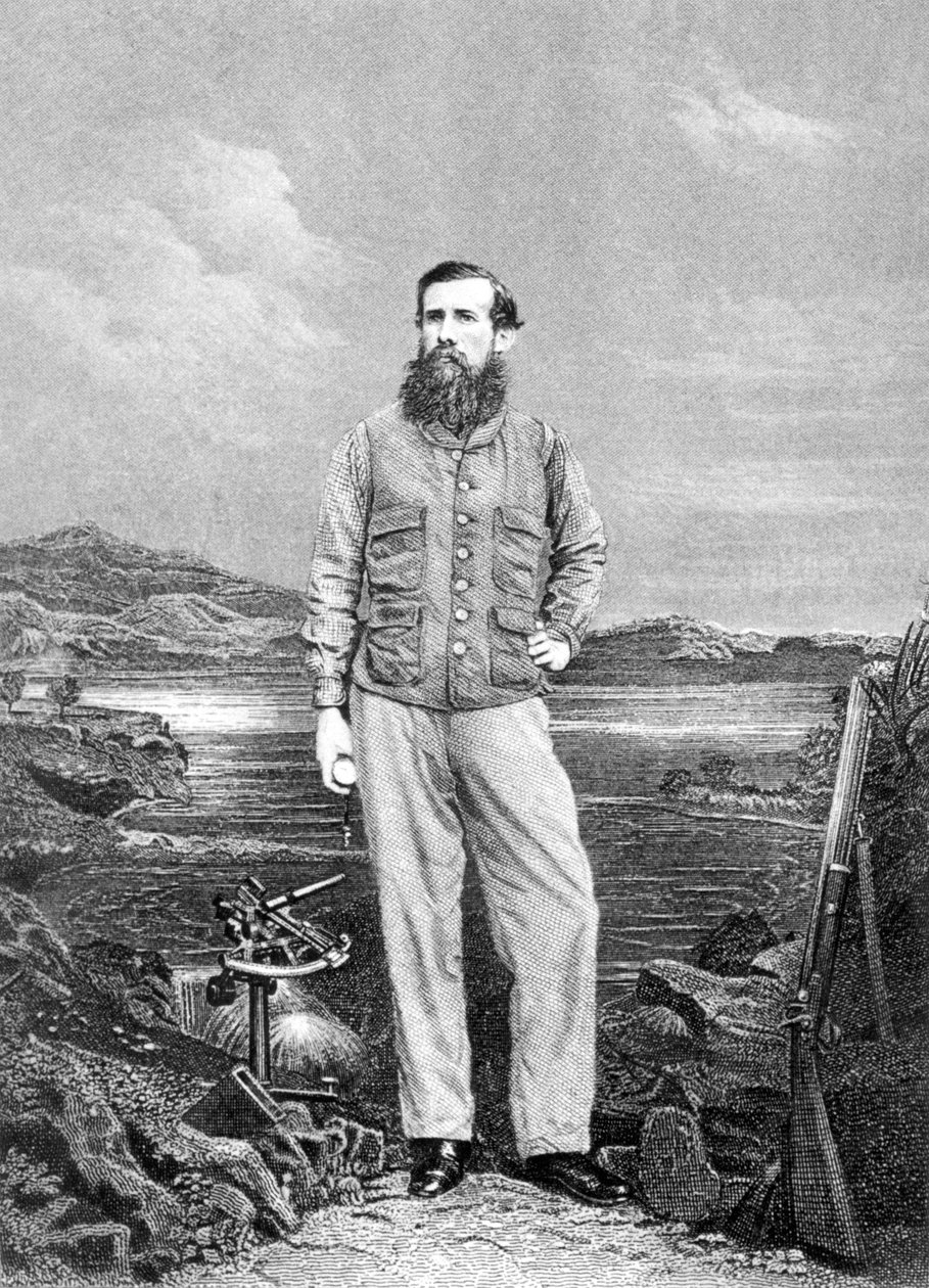 Portrét Johna Spekeho (1827-64) před jezerem Victoria, frontispice k Journal of the Discovery of the Source of the Nile publikovaný v roce 1863 od English School