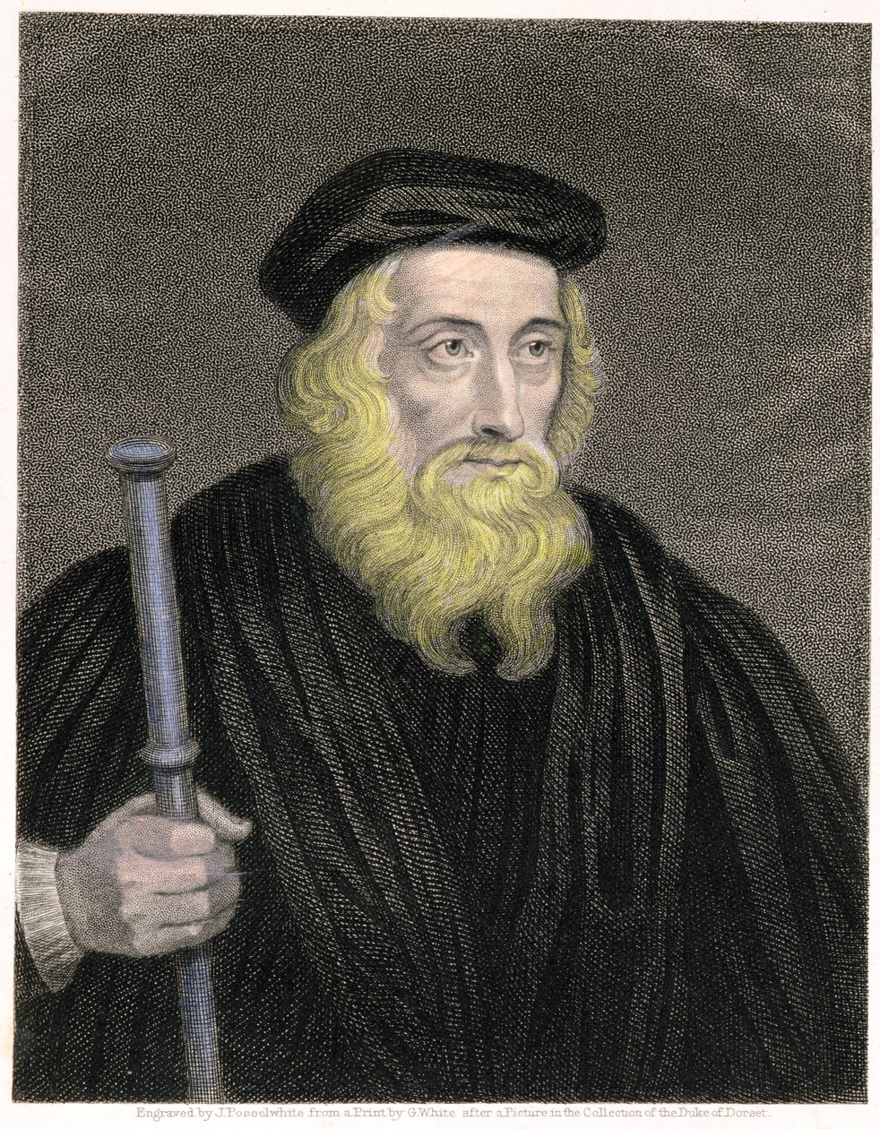 Portrét Johna Wycliffa (asi 1330-84) vyryl James Posselwhite (1798-1884) podle tisku G. Whitea, pub. od Williama Mackenzieho od English School