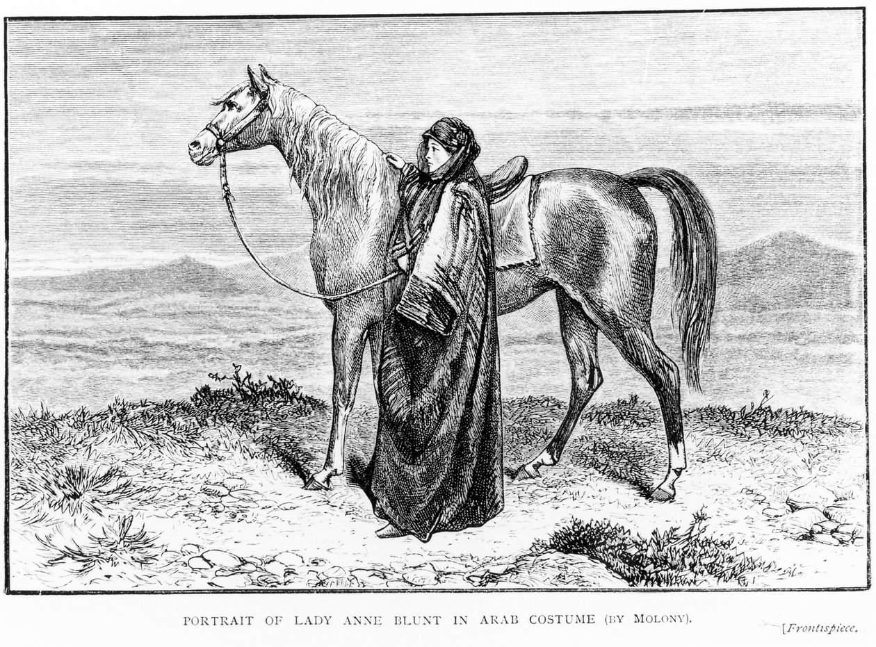 Portrét lady Anne Bluntové (1837-1917) v arabském kostýmu s arabským koněm, frontispis její knihy A Pilgrimage to Nejd, vydané v roce 1881. od English School