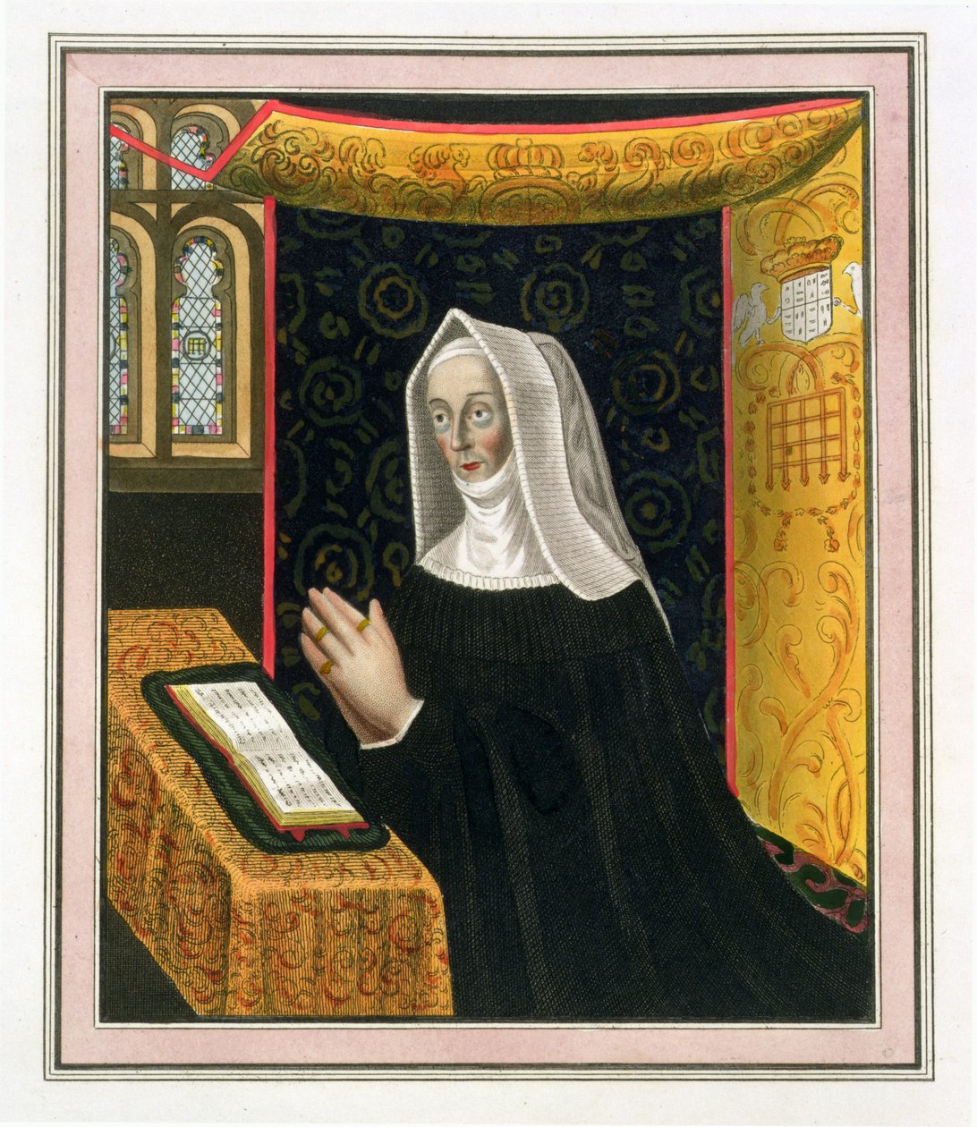 Portrét Margaret Beaufortové, hraběnky z Richmondu a Derby (1443-1509), zakladatelky St. Johns College, Cambridge, z The History of Cambridge, pub. od R. Ackermanna, 1815 (barevná akvatinta) od English School